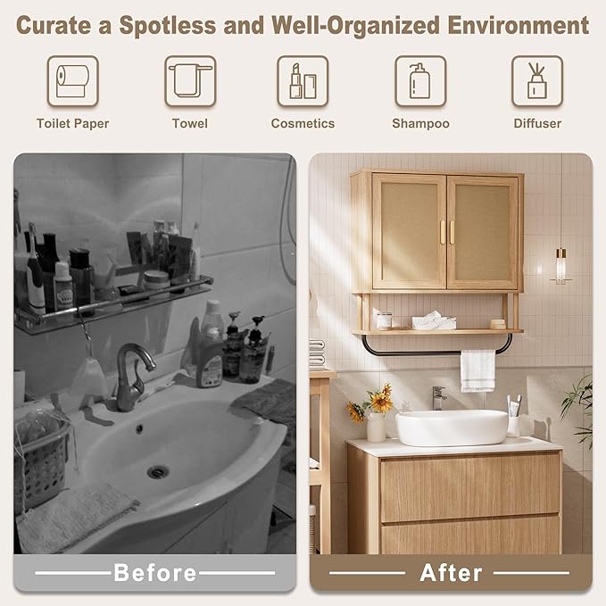INNOD Rattan Bathroom Wall Cabinet with Towel Bar, Wall-Mounted Medicine Cabinet with Adjustable Wood Shelf & Doors, Over The