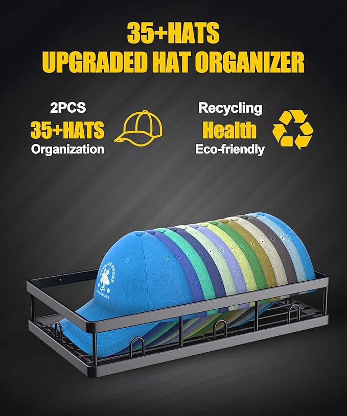 2 Packs Metal Hat Rack for Wall, Holder with Multiple Hooks, Organizer for up to 40 Baseball Caps, Sturdy Wall Drilled Rack, 