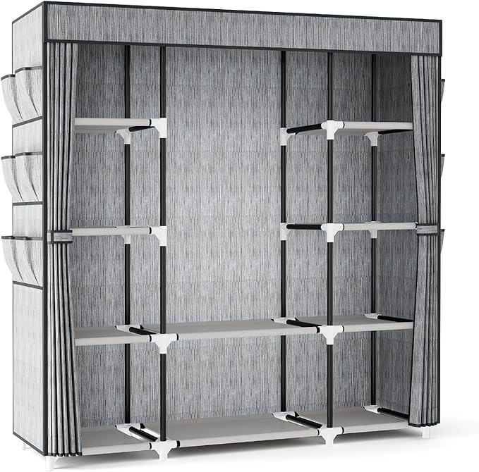 VTRIN Portable Closet Wardrobe for Hanging Clothes 57.3 Inch Large Capacity Clothes Rack with Cover, 10 Storage Organizer She