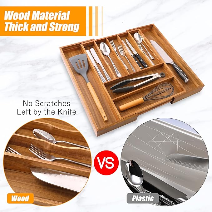 Bellsal Large Premium Acacia Wood Silverware Organizer - Expandable Utensil Drawer Organizer - 17"x19.6" Utensil Holder and C