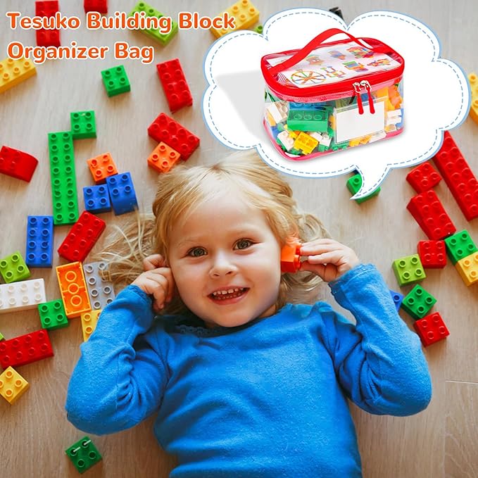 Tesuko 6 Pack Clear Toy Storage Bag with Name Tag& Manual Pocket, Waterproof Transparent PVC Toy Organizer Case for Lego Bric