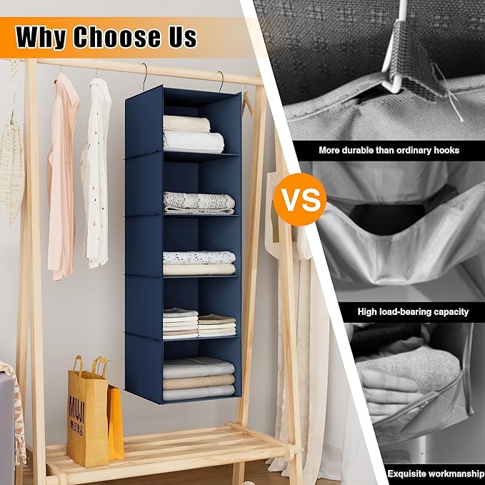 Hanging Closet Organizer and Storage 5-Shelf, Easy Mount Foldable Hanging Closet Wardrobe Storage Shelves, Clothes Handbag Sh