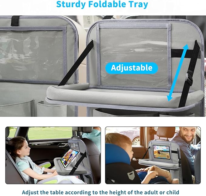 Car Backseat Organizer with Tablet Holder, 6 Storage Pockets Foldable Table Food Tray Seat Back Protectors Kick Mats Travel Accessories, 2 Pack Grey