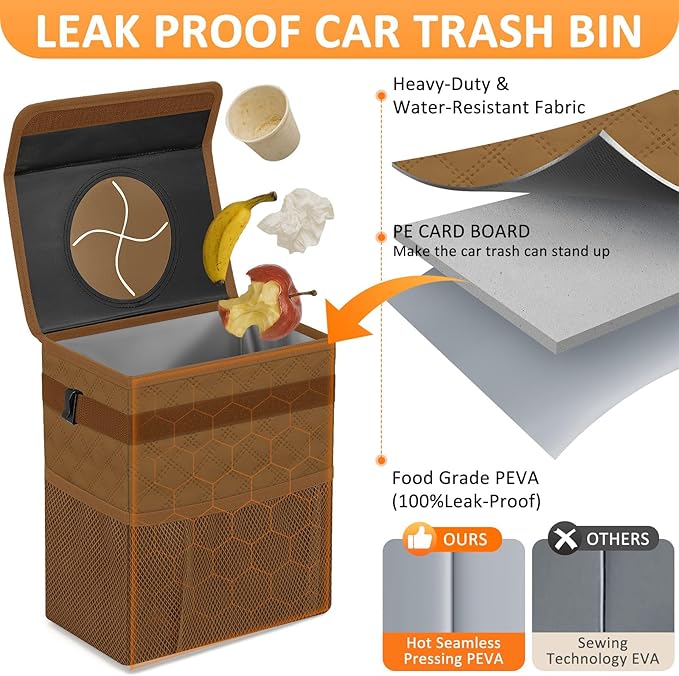 Car Trash Can for Cute, Bag Bin Hanging Waterproof Automotive Car Garbage Cans Leak Proof Vehicle Trash Can Diamond Pattern-Brown