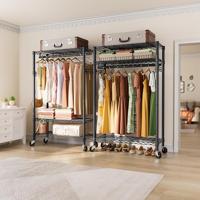 Heavy Duty Clothes Rack Rolling Garment Rack,3 Tier Adjustable Wire Shelving Clothing Racks for Hanging Clothes with Hanger R
