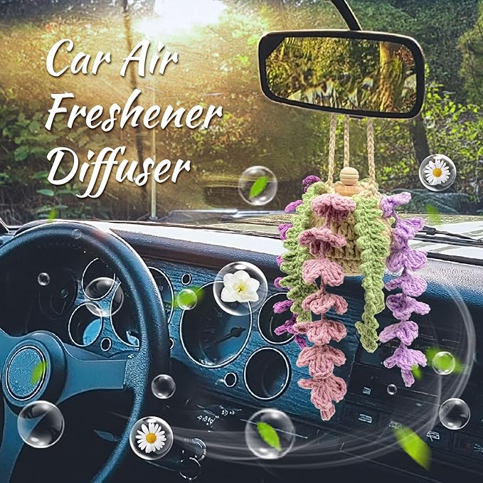 Crochet Car Air Freshener, 15ml Empty Refillable Oil Diffuser Bottle with Crochet Violet Hanging Plant for Car Rearview Mirro