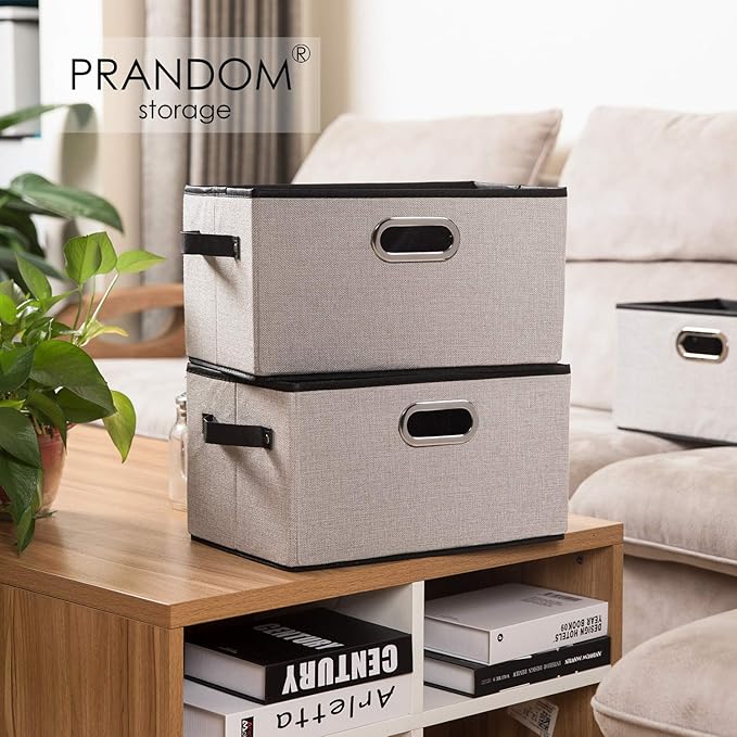 PRANDOM Large Fodable Storage Bins for Closet [3-pack] Decorative Linen Fabric Storage Bins Cubes with Leather/Metal Handles 