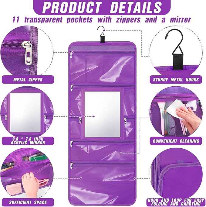 Hanging Toiletry Bag with Mirror for Men Women Travel Kit Large Foldable Beauty Dance Makeup Bag Organizer Storage Waterproof