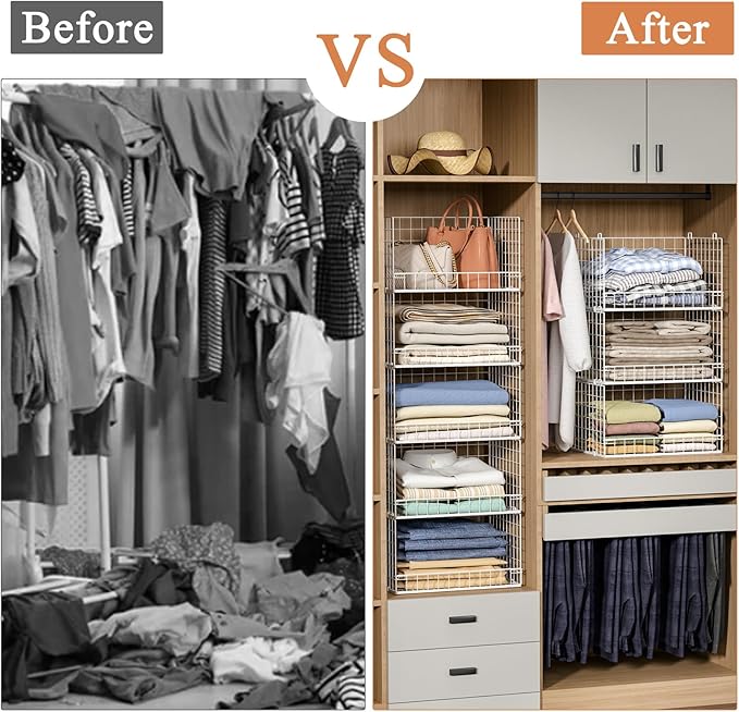 Yociyoga 5-Tier Stackable Closet Organizers and Storage Basket - Foldable Closet Shelf Organizer System, Space-Saving Clothes