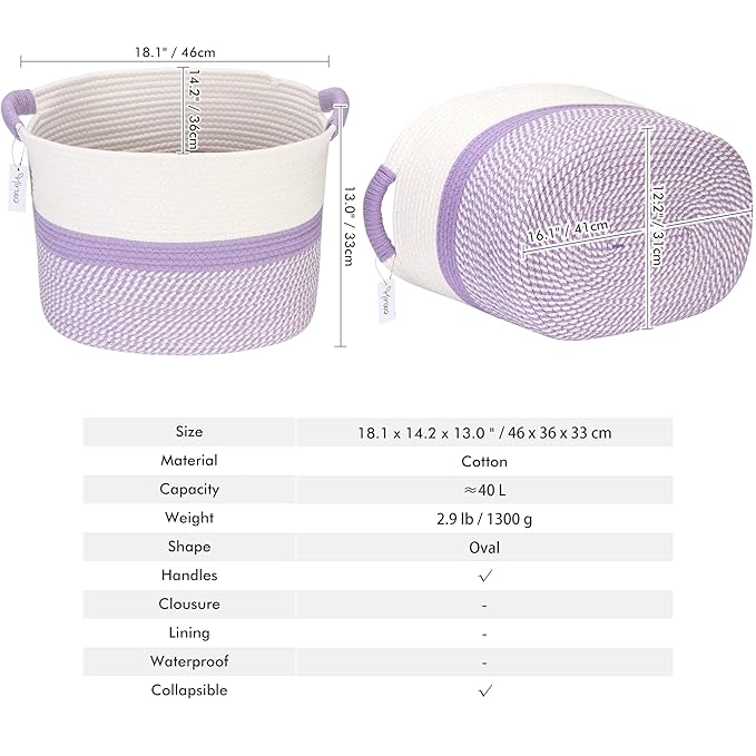 Hinwo Oval Cotton Rope Storage Basket Collapsible Nursery Storage Box Container Organizer with Handles, 16 x 13 inches, Off W