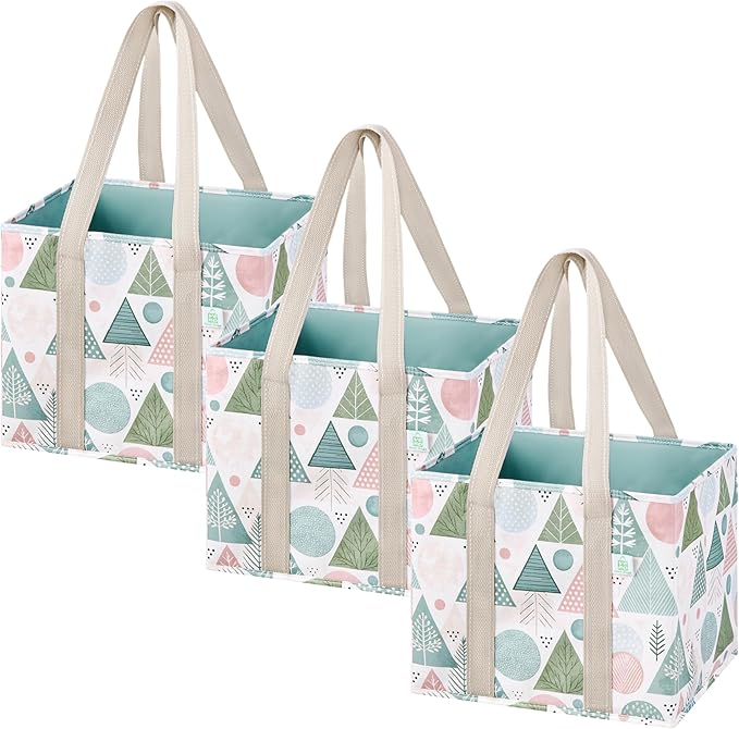VENO 3 Pack Reusable Grocery Bags, Shopping Bags for Groceries, Tote with Handles and Hard Bottom, Foldable Shopping Cart Organizer, Water Resistant, Heavy-Duty (Pastel Forest, 6 Gallon)