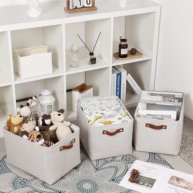 HNZIGE Large Fabric Storage Basket Organizers (3 PCS), Foldable Decorative Shelf Baskets with Leather Handles (Cream, 15" x 1