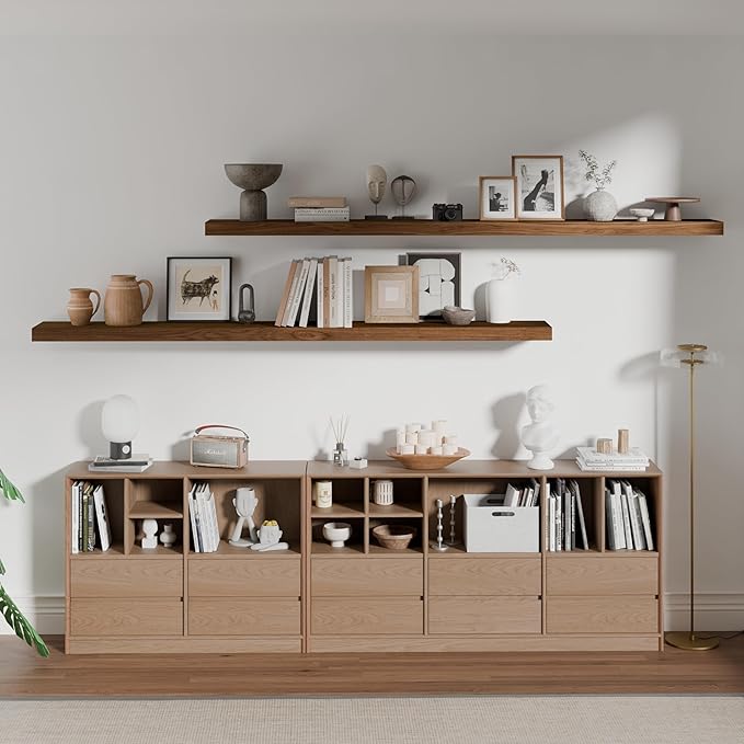 ROGMARS 72 Inches Long Walnut Floating Shelves,Rustic Solid Wood Farmhouse Wall Shelves with Invisible Brackets for Bathroom,