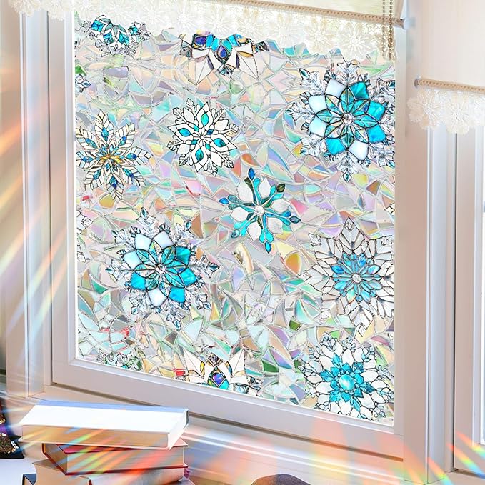 Niviy Christmas Window Clings, Stained Glass Window Film for Xmas Decals Holiday Snowflake Christmas Home Office Decorations for Indoor Outdoor (16.93 x 39.37inch)