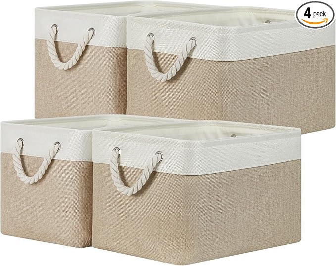 Temary Fabric Storage Baskets 4Pack Storage Bins Decorative Basket for Gift, Clothes Bin with Rope Handle, Rectangle Baskets 