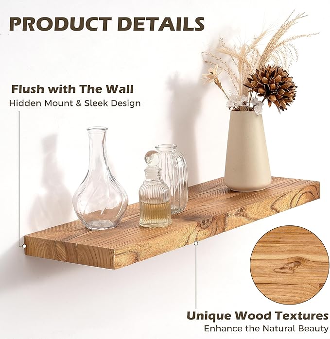 36 Inch Floating Shelves for Wall, 8"D High End Solid Hardwood Shelves for Decor Storage, Rustic Wall Shelves with Invisible 