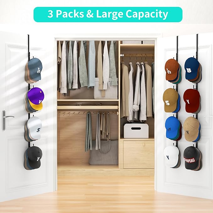 HapiRm Over Door Hat Rack - 3 Packs Hat Organizer with 12 Hooks Design, Hanging Baseball Cap Organizer Storage Holds Up to 60