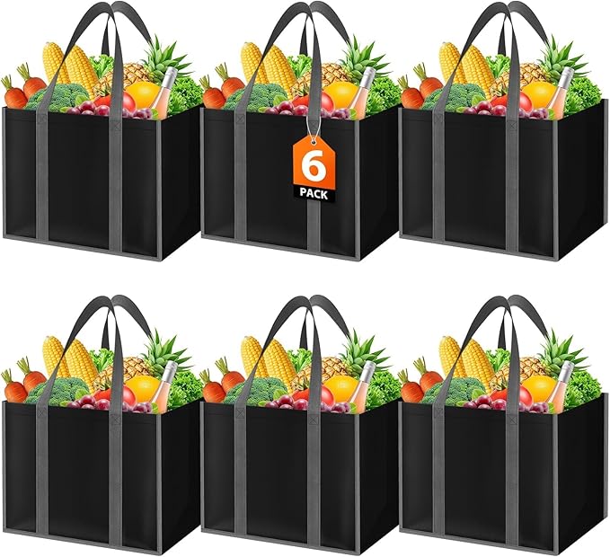 WISELIFE Reusable Grocery Bags with Handles - 6 Pack, 35L Large Shopping Bags for Groceries, Water-Resistant & Foldable Grocery Totes for Lasting Use for Kitchen, Market, Car Trunk, Picnic (Black)