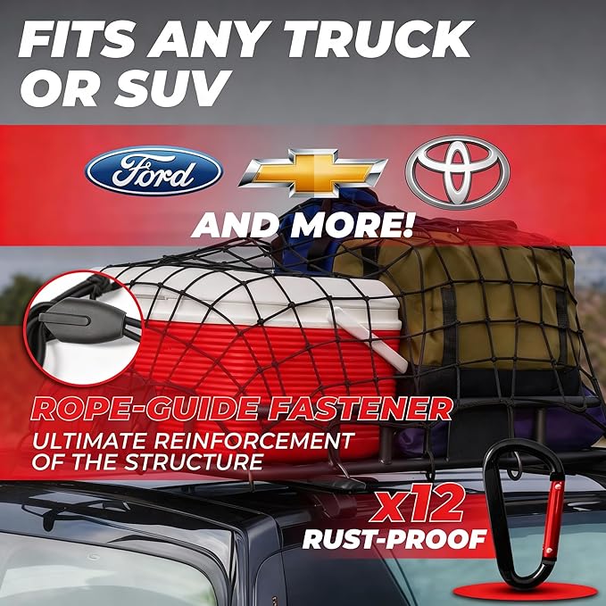 Heavy Duty Cargo Net for Pickup Truck Bed, 4x6 ft Stretches to 8x12 ft - 10mm Elastic Bungee Truck Bed Net with 12 Carabiners, Anti-Slip Gloves & Digital Guide for Trucks, SUV, Roof Rack