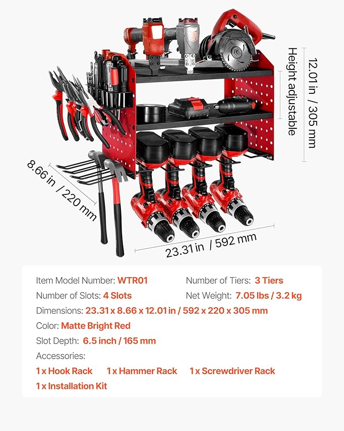 VEVOR Power Tool Organizer Wall Mount, 3-Layer Storage Rack with 4 Drill Holders, Tools Holder and Storage Rack with Side Peg