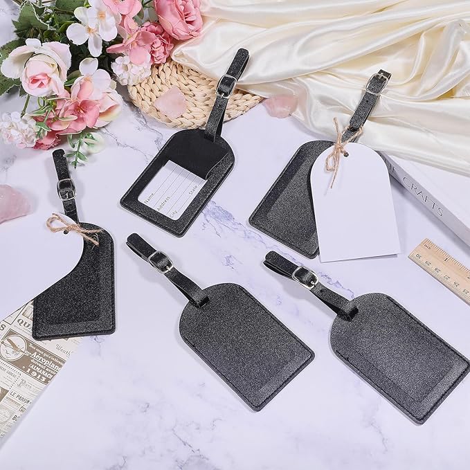 FREEBLOSS 50 Set Leather Luggage Tags Bulk Wedding Favors Luggage Tag Black PU Flip-Fold Bag Name Tag with 50 Insert Cards We