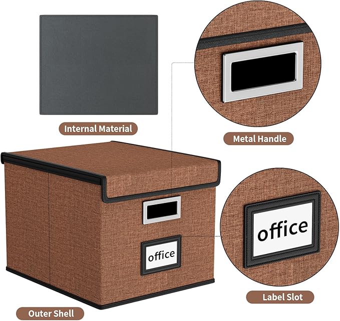 Huolewa Upgrade Portable File Organizer Box with Lid,Large Linen Hanging Office Document Storage Box with Lid,Collapsible Fil