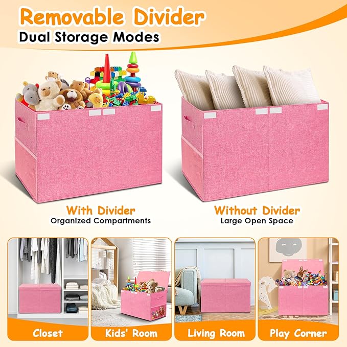 Large Toy Storage Box with Lid Upgraded Toy Chest Organizer with Removable PP Divider Foldable Toy Bin for Kids Boys Girls Li