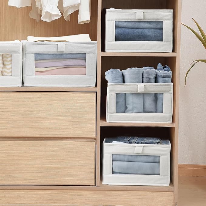 Fordonral 4 Pack Linen Storage Bins, Storage Containers for Organizing Clothing, Jeans, Toys, Books, Shelves, Closet, Wardrob