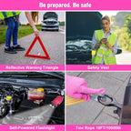 Roadside Emergency Car kit for Vehicles, with 4 in 1 Inflatable Car Vacuum Cleaner, Pink Jumper Cables, First Aid Kit, Tow Ro