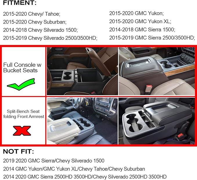 JKCOVER Compatible with (2014 2015 2016 2017 2018) Chevy Silverado/GMC Sierra， (2015-2020) Chevy Suburban/Tahoe/GMC Yukon Center Console Organizer Tray Accessories - Full Console w/Bucket Seats ONLY