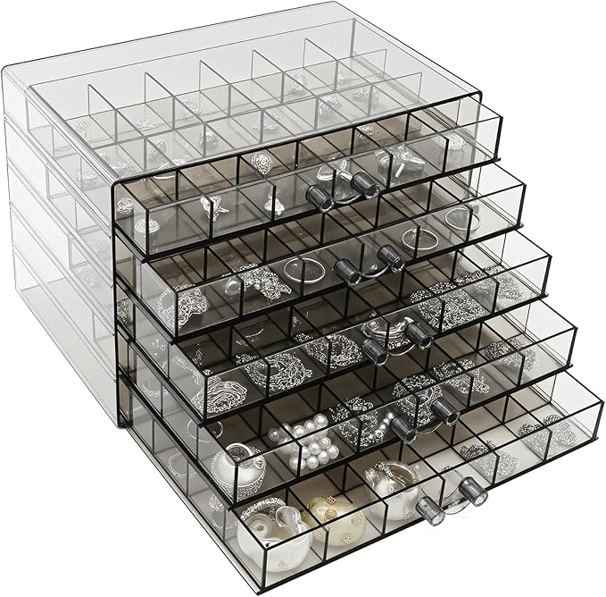 Clear Grey Acrylic Jewelry Storage Box, Earring Jewelry Organizer with 5 Drawers, 5-Layer Jewelry Box for Women, Earring Disp