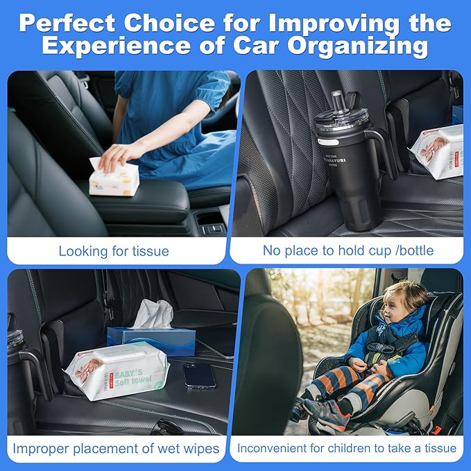 Upgraded Car Seat Back Organizer With Extra Large Tissue Holder Fits For Kleenex Tissue Box (50-230ct), PU Leather Headrest Seat Back Storage Accessories (Black-2 Packs)