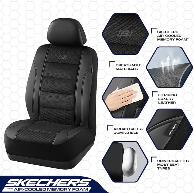 Skechers Aircooled & Memory Foam Seat Covers,Premium Leather with EVA Mesh Car Seat Covers,Seat Cover Full Sets,Airbag Compat