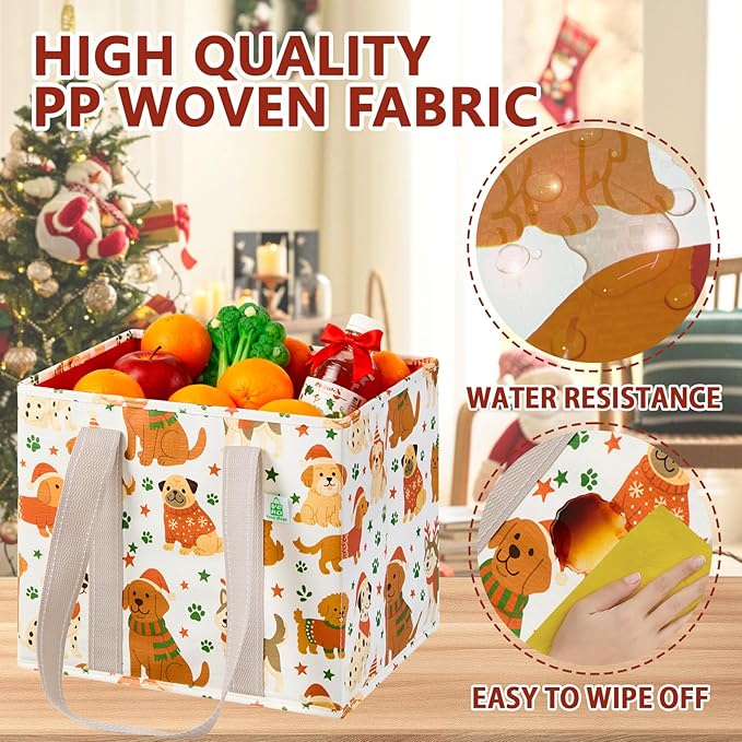 VENO 3 Pack Christmas Reusable Grocery Bags, Shopping Bags for Groceries, Tote with Handles and Hard Bottom, Foldable Shopping Cart Organizer, Water Resistant, Heavy-Duty (Holiday Pups, 6 Gallon)