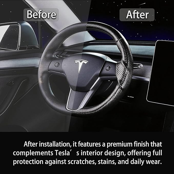 Carbon Fiber Steering Wheel Cover for Tesla Model 3 2017-2023 & Model Y 2020-2024, Anti-Slip Wear-Resistant High Temperature Resistant (Matte Black)