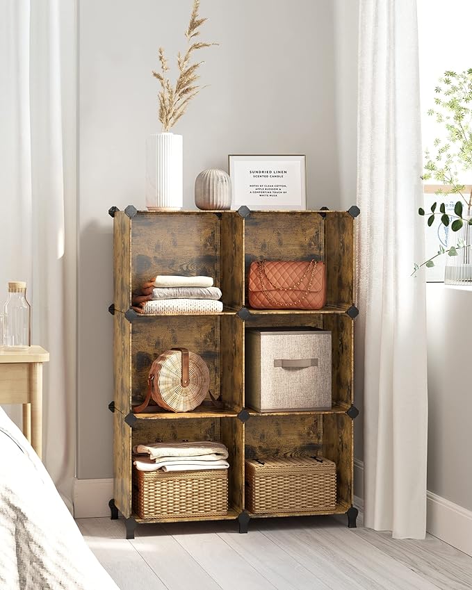 SONGMICS 6 Cube Storage Organizer, Modular Bookshelf, DIY Closet Organizers and Storage, Plastic Stackable Shelves, 14.6 x 13