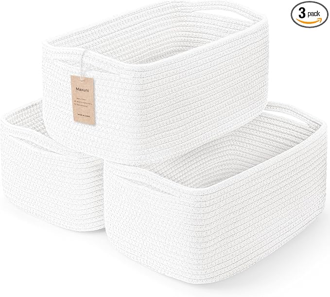 3-Pack Storage Baskets for Organizing | Woven Shelf Toy Basket | Rope Baskets for Gifts Empty | Closet Organizer Bins with Ha