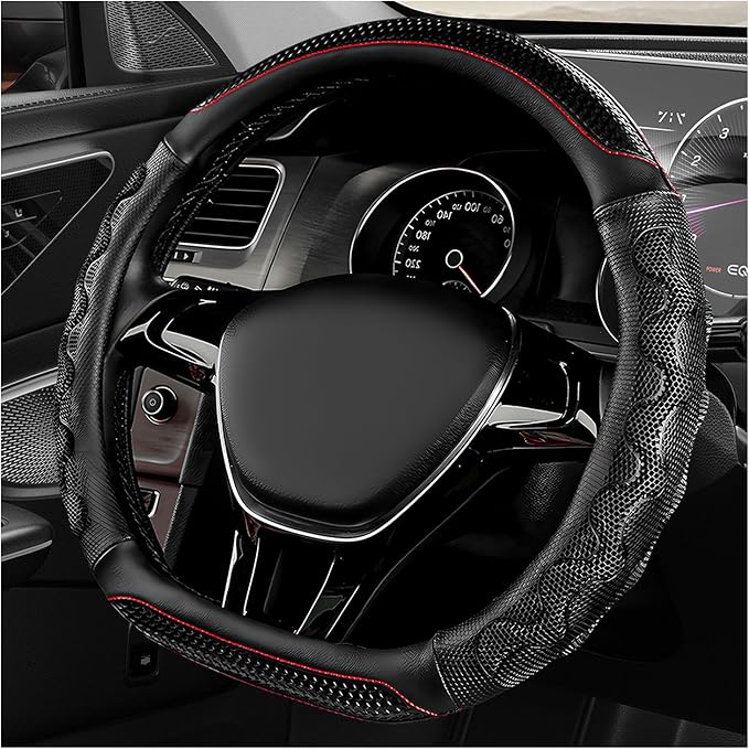 D-Shaped Steering Wheel Cover, Leather Car Wheel Protector with 3D Honeycomb Anti-Slip Design, Universal Breathable Comfy Cov