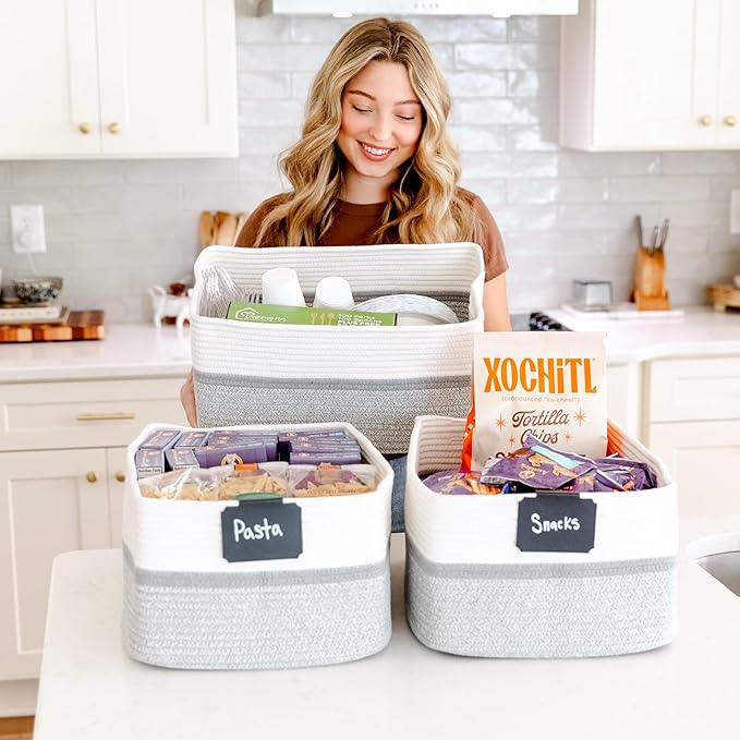 NaturalCozy Storage Baskets 16.8”x13”x7.6” Cotton Rope Woven Baskets for Organizing 3-Pack | Toy Storage Bins | Basket for Sh