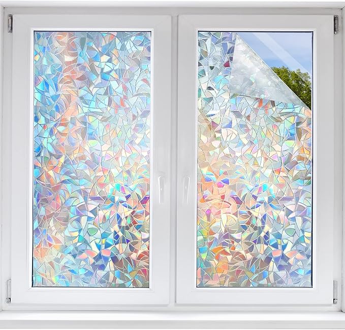 STATINT Stained Glass Privacy Film, UV Blocking Rainbow Static Cling Non-Adhesive Vinyl Stickers for Home Door Window, 35.4 Inch X 6.5 Feet