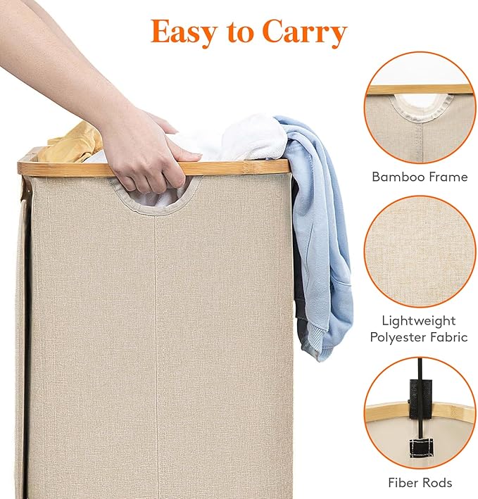 Lifewit 150L Laundry Basket with Lid, Clothes Hampers for Laundry with Bamboo Handles and 2 Removable Bag, Large Foldable Lau