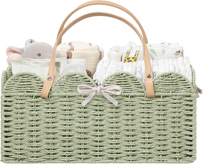 HBlife Large Baby Diaper Caddy, Paper Rope Scalloped Storage Baskets Nursery Bin with Removable Divider, Portable Car Organiz