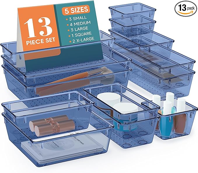 StorMiracle 13 PCS Drawer Organizer Set, 5 Varied Size Bathroom and kitchen Drawer cabinet organizer Trays, Clear Storage Bin
