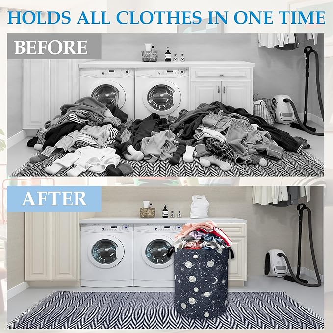 Star Moon Laundry Basket Collapsible Laundry Hamper with Handle, Oxford Clothes Toy Storage Bin for Bathroom Bedroom Room Dec
