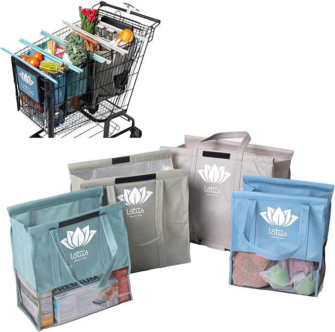 Lotus Earth Tone Trolley Reusable Shopping Bags (4-Pack) – Detachable & Reusable Grocery Bags Foldable with Insulated Grocery Bag & Egg/Wine Holder – Washable Shopping Tote to Save Time & Easy Storage
