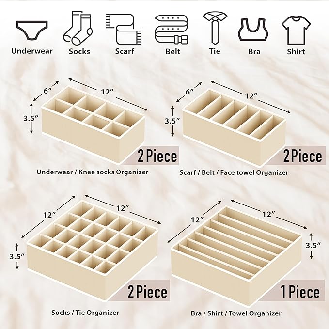 Simple Houseware Closet Underwear Organizer Drawer Divider Assorted 7 Pieces, Beige