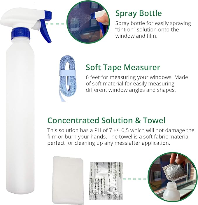 Greenfilm Residential Window Tinting Kit - 7 Pieces Home Window Tint Installation Tools Set - Spray Bottle, Solution Spray, Squeegee, Knife, Fabric Cloth and Cutting Bar