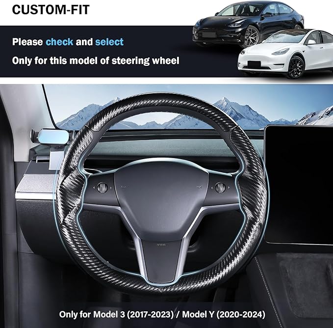 Steering Wheel Cover for Tesla Model 3 (2017-2023) / Model Y (2020-2024),Anti-Slip,Comfortable Grip, Breathable,Customized for Tesla Model 3/Y Accessories,Matte Black