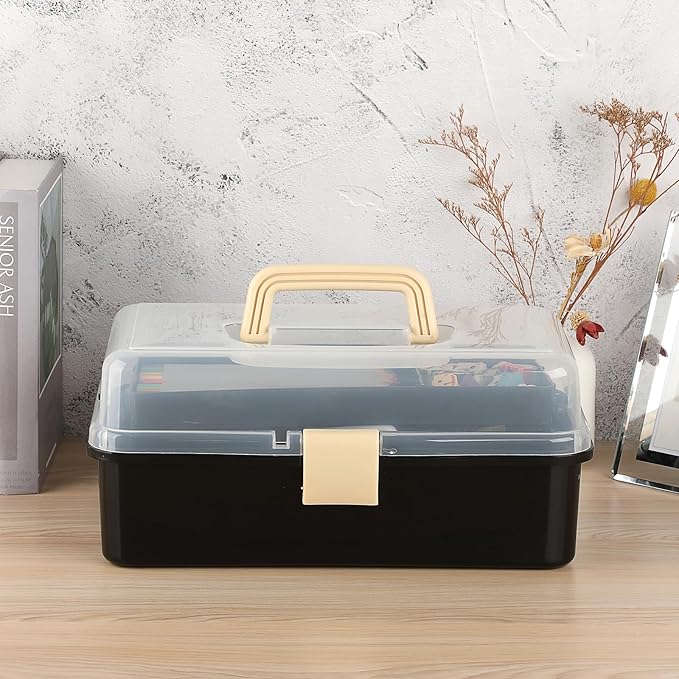 BTSKY 3-Layer Plastic Dividing Storage Box Craft Organizer with Adjustable Spacers Portable Handled Art Supply Organizer Mult