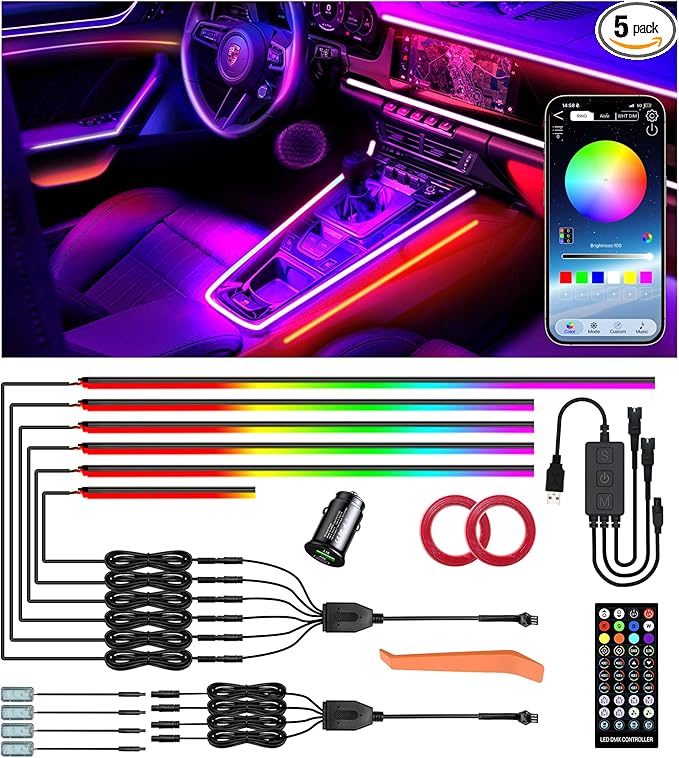KENANEK 55.12inch Acrylic LED Lights for Car–6 Dreamcolor Interior Car LED Strip Light+4 footwell Lights, 3 Control Methods, Music Sync, Dual USB Cigarette Lighter, Universal Fit for Car/SUV/Truck